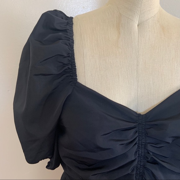 Express Black Ruched Puff Sleeve Peplum Top - Picture 7 of 8
